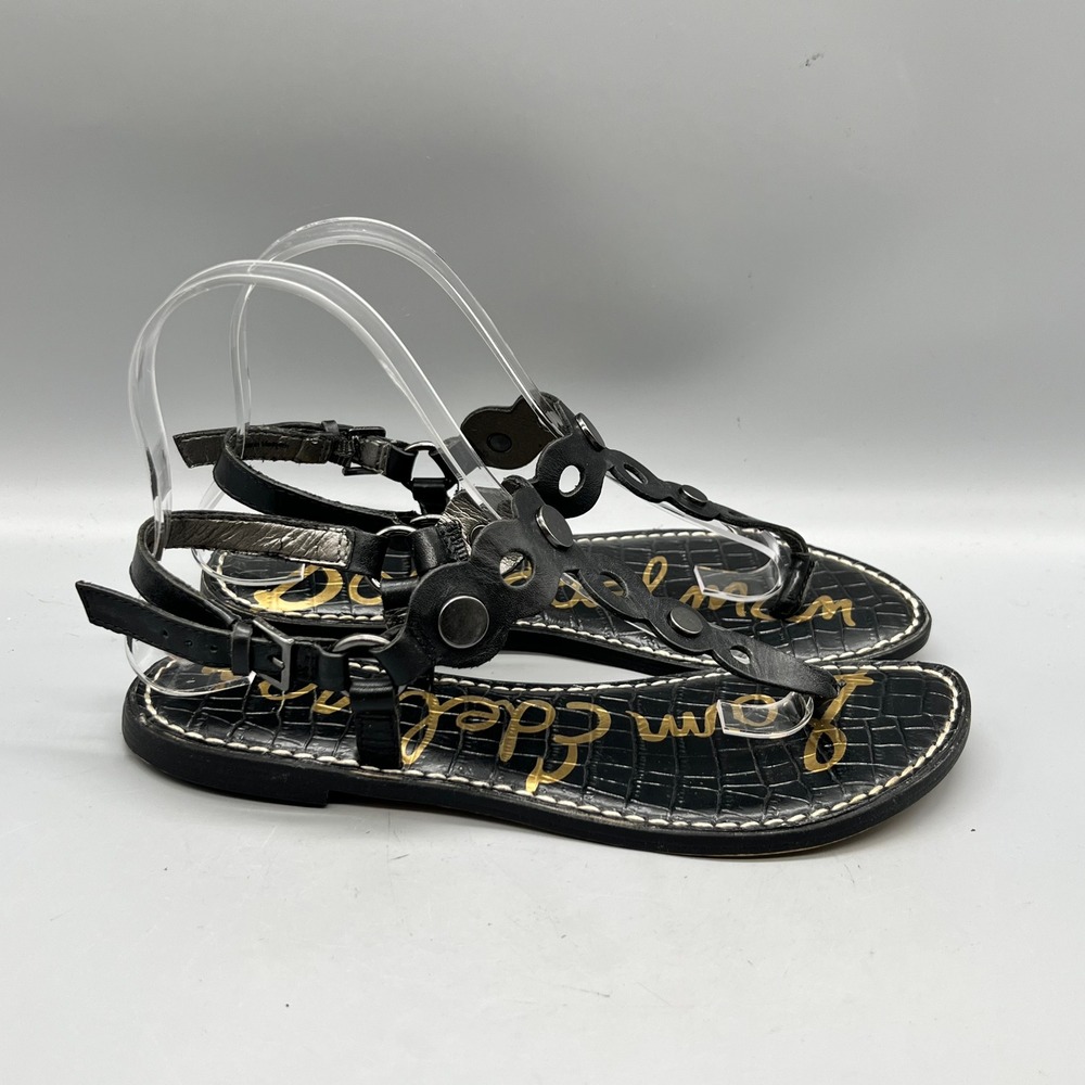 Sam Edelman Sandals Womens 7 Black Croc Leather Studded Strappy Gilly Flat Thong